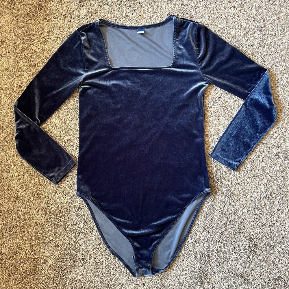 Old Navy Bodysuit Women's L Blue Velvet Square Neck Long Sleeve Leotard
